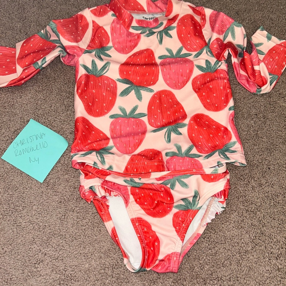 Carter's Pink and Red Strawberry Kids Swim Rashguard